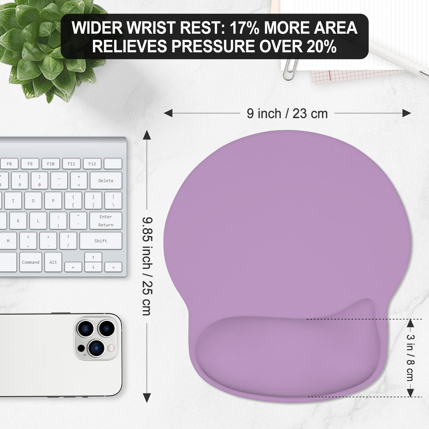 ITNRSIIET Ergonomic Mouse Pad with Wider Memory Foam Wrist Rest +17%, Curved Cushion Reduces Pressure 20%, Pain Relief, Non-Slip, Smooth, Cute Color Desk Accessory, 9.85 x 9 inch, Lavender Purple