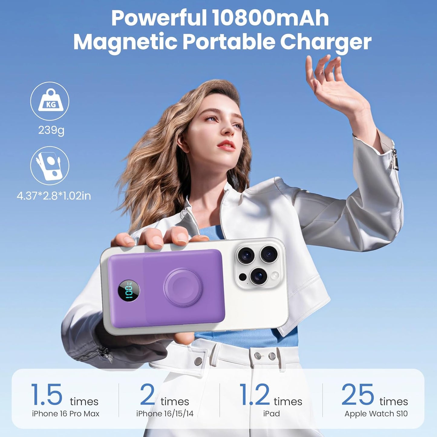 Magnetic Portable Charger 10800mAh for iPhone with Built-in Cables, 6-in-1 Wireless Power Bank with iWatch Charger,25W PD Fast Charging USB C Battery Pack for iPhone 16/15/14/13/12,Apple Watch(Purple)