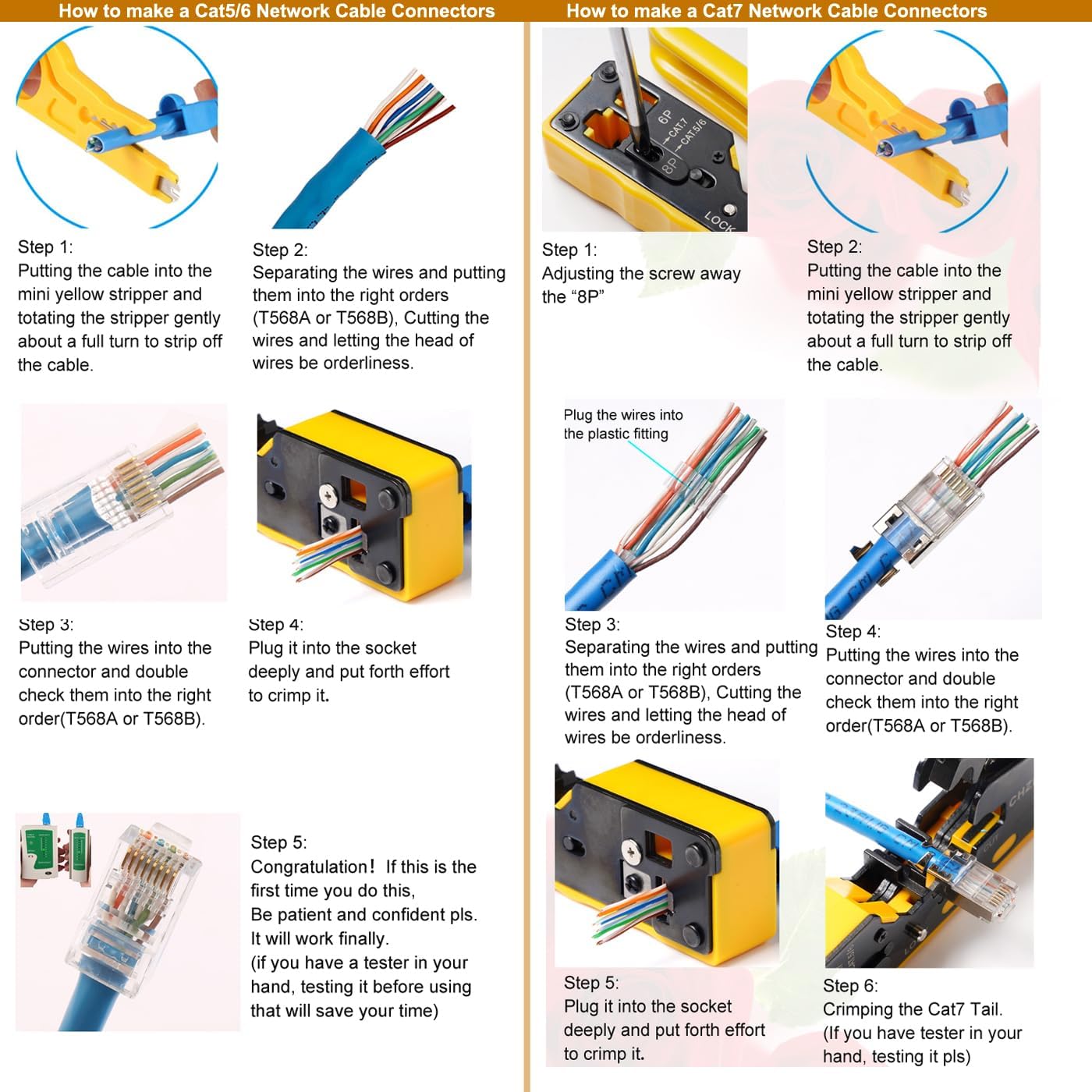 Rj45 Crimp Tool Pass Through Ethernet Crimping Tool kit for 8P-Cat7 Cat6 Cat5 6P Telephone Connector Network Crimp Tool RJ45 Crimper With Cable Tester Covers Connectors Mini Yellow Stripper