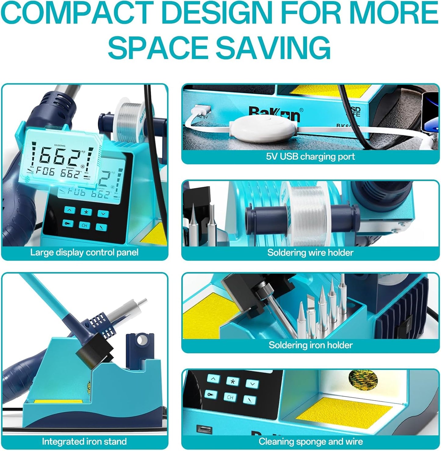 BK602S 2 in1 Soldering Iron Hot Air Rework Station,Digital Soldering Welding Iron Kit for Electronic DIY Circuit Work, Rapid Heat up Solder Station,Auto Sleep,ºC/ºF Conversion