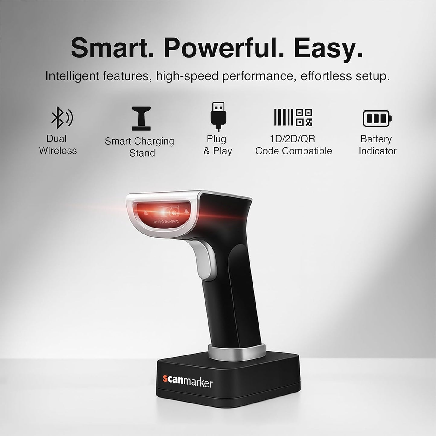 Scanmarker 1D/2D Wireless Barcode Scanner – Boost Speed & Accuracy with Bluetooth & 2.4G Modes – Handheld QR Code Scanner with Charging Stand for Easy scanning on Laptop, iOS & Android