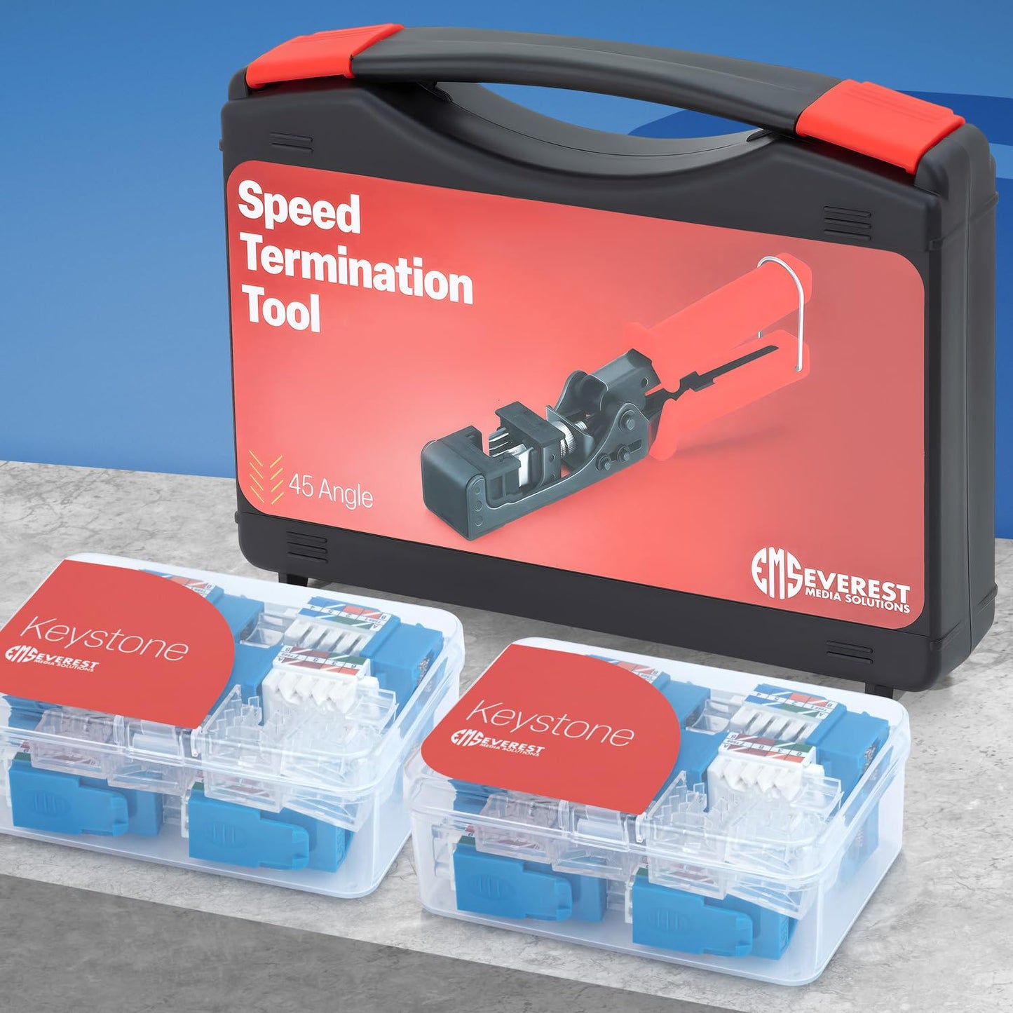 Everest easyJACK - 45° Angled Speed Termination Keystone Tool Set - with 20-Pack of RJ45 Cat6 Keystone Jacks in Blue (Slim Profile Design) - Time Saver Network Punch Down Tool Cat6