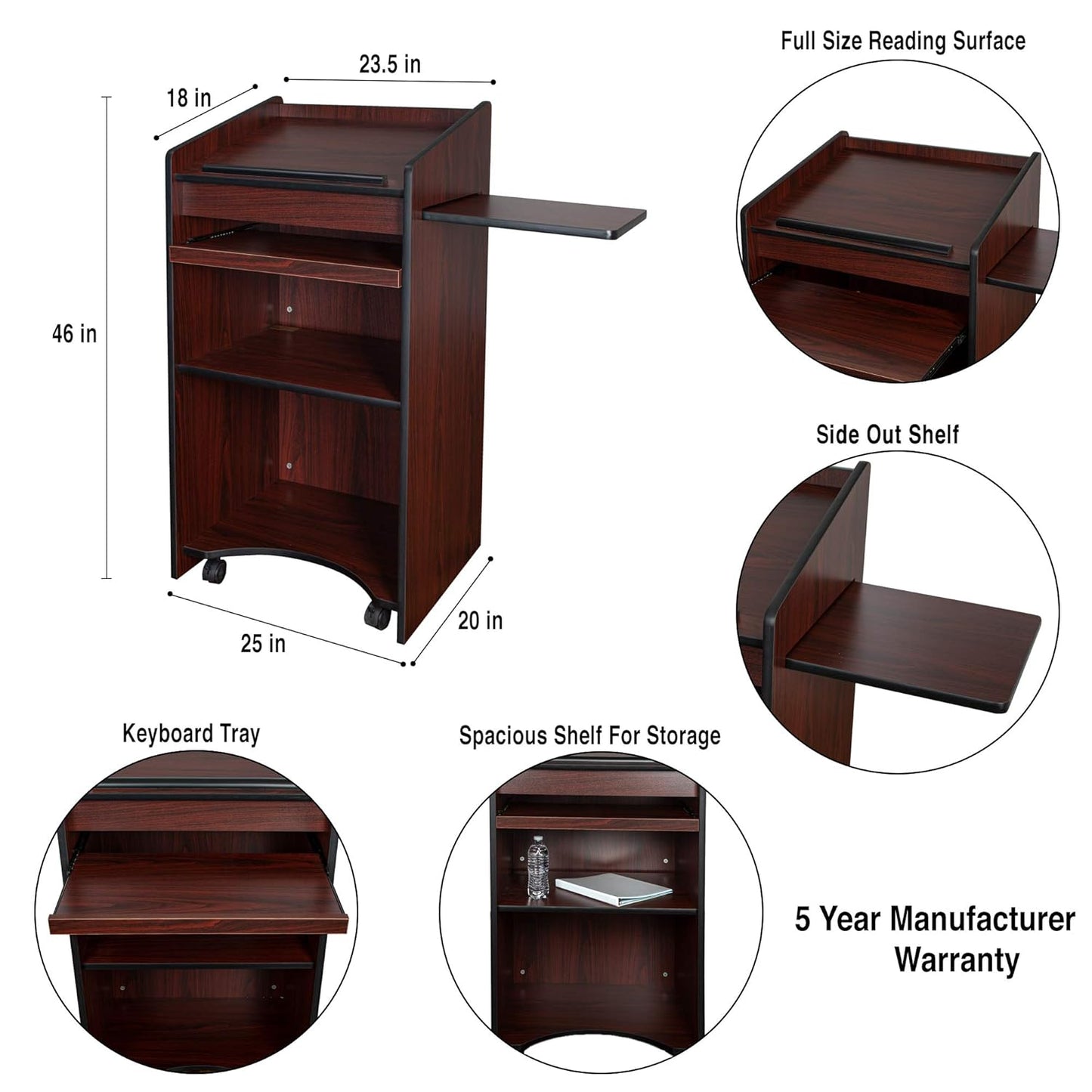 OEF Furnishings Mobile Floor Lectern with Side Shelf And Keyboard Tray, Mahogany