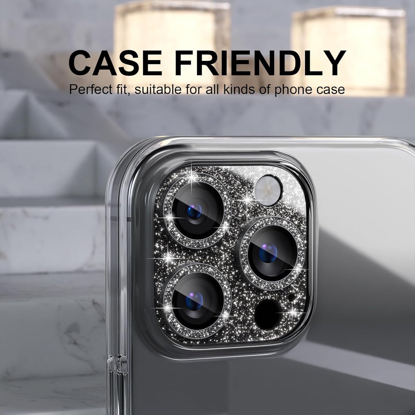 Choiche Compatible for iPhone 16 Pro/iPhone 16 Pro Max Camera Lens Protector, Bling Camera Cover with 9H Tempered Glass Lens Screen Protector Metal Ring Decoration Accessories (Glitter-Black)