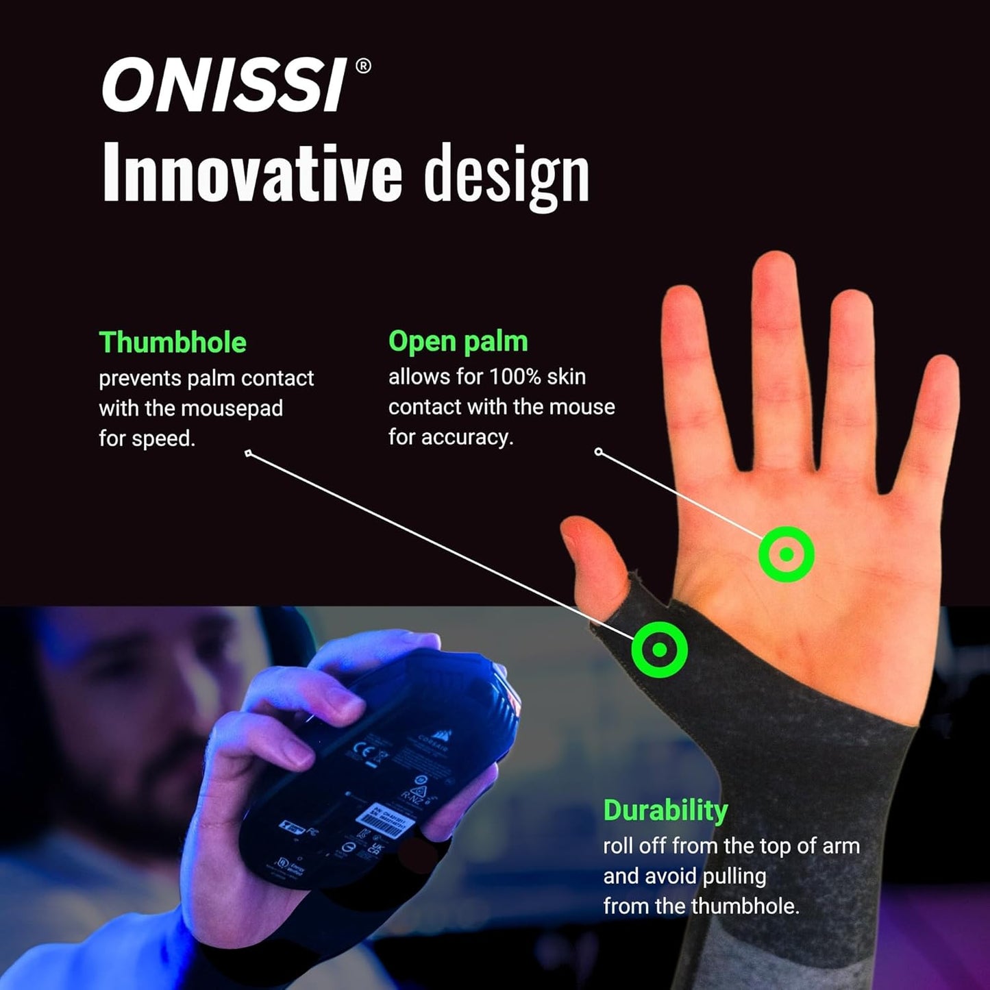ONISSI Gaming Arm Sleeve for PC │Anti-Friction,Precision, Compression Gamer Sleeves for Mouse pad │Men or Women E-Sports Gift (Black Mountains, Medium)