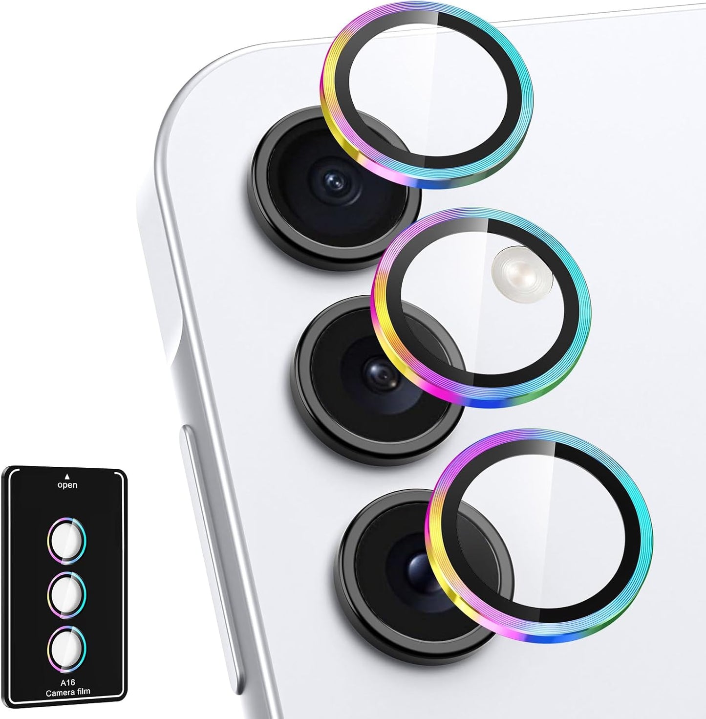 for Samsung Galaxy A16 Camera Lens Protector, Individual Metal Ring Tempered Glass Lens Cover, [Strong Adsorption] Scratch Resistant Ultra-Thin HD Clear Lens Cover, 1 Set-Colorful