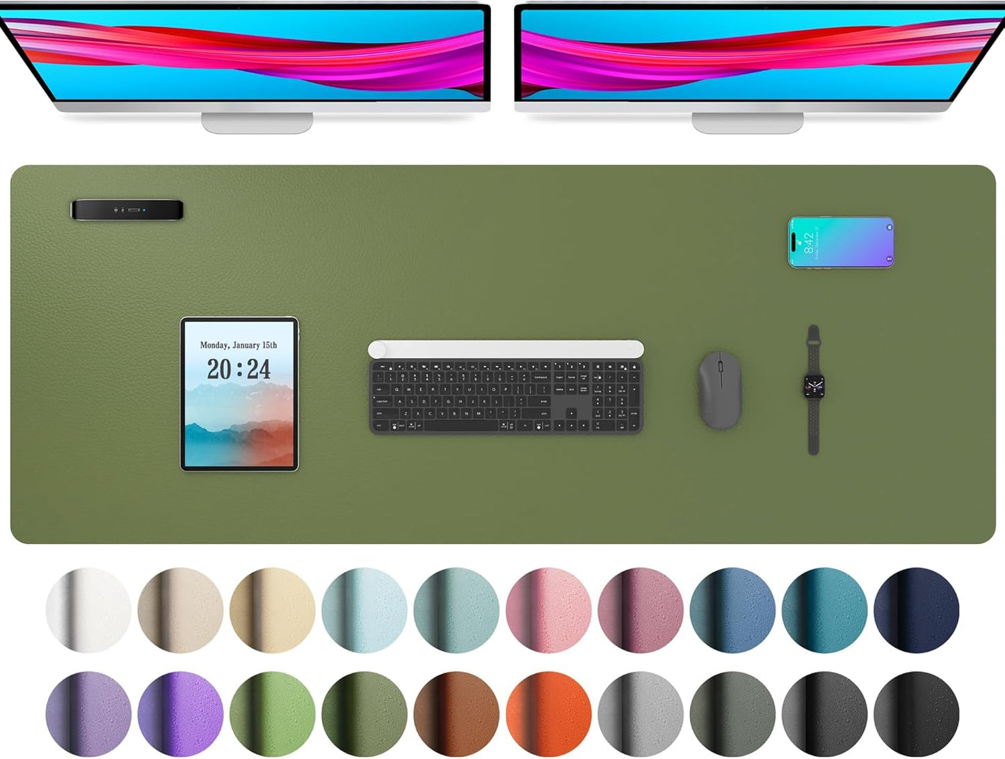 Aothia Leather Desk Pad Protector, Mouse Pad, Office Desk Mat, Non-Slip PU Leather Desk Blotter, Laptop Desk Pad, Waterproof Desk Writing Pad for Office and Home (48"x17", Olive Green)