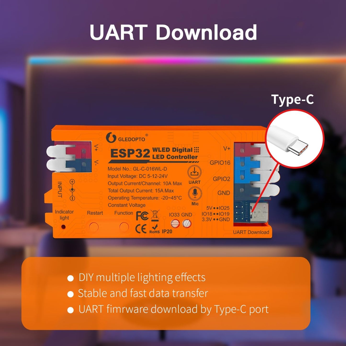 ESP32 WLED LED Strip Light Controller 15A Fuse Mic DIY Dynamic Lighting UART USB-C Download Energy Saving Relay App Control for RGB IC Addressable Digital WS2811 WS2812 SK6812 TM1814 WS2813 WS2815