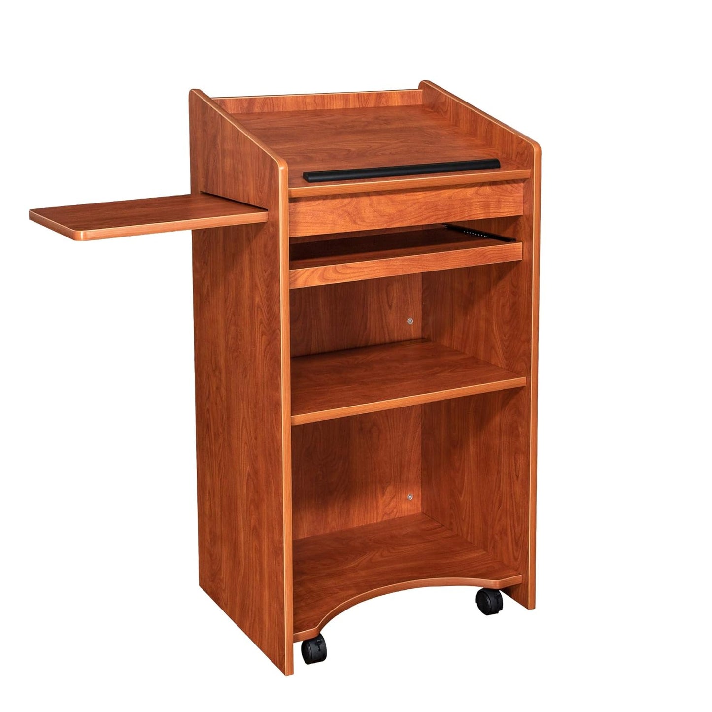 OEF Furnishings Mobile Floor Lectern with Side Shelf And Keyboard Tray, Cherry