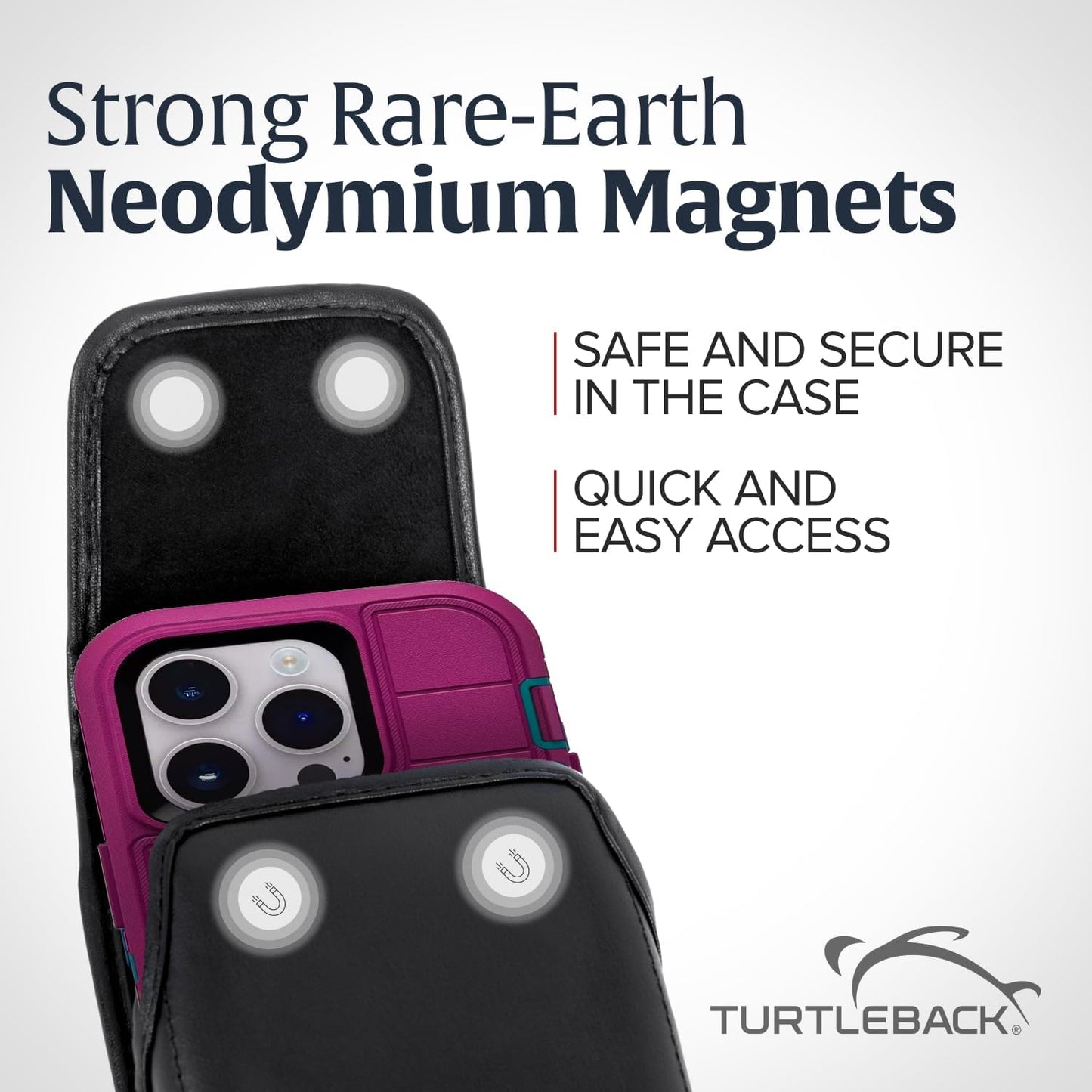 Turtleback Belt Holder for iPhone 16 Pro, 16e, 15 pro 14 Pro 13 Pro -Large- Fits w/Defender Bulky Style Cases, Premium Black Leather Vertical Holster, Magnetic Closure Leather Wrapped Belt Clip