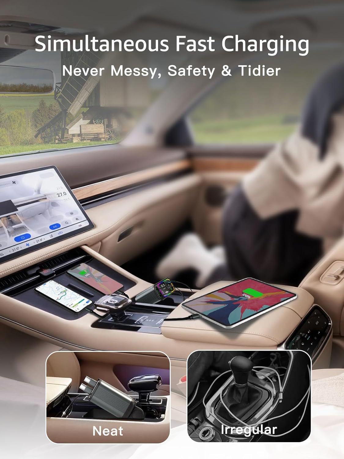 Retractable Car Charger USB C,145W Type C Car Charger Fast Charging with Dual Retractable USB C Cable and USB Ports, Compatible with iPhone 16/15,S25/24/23/22, Pixel 9/8/7