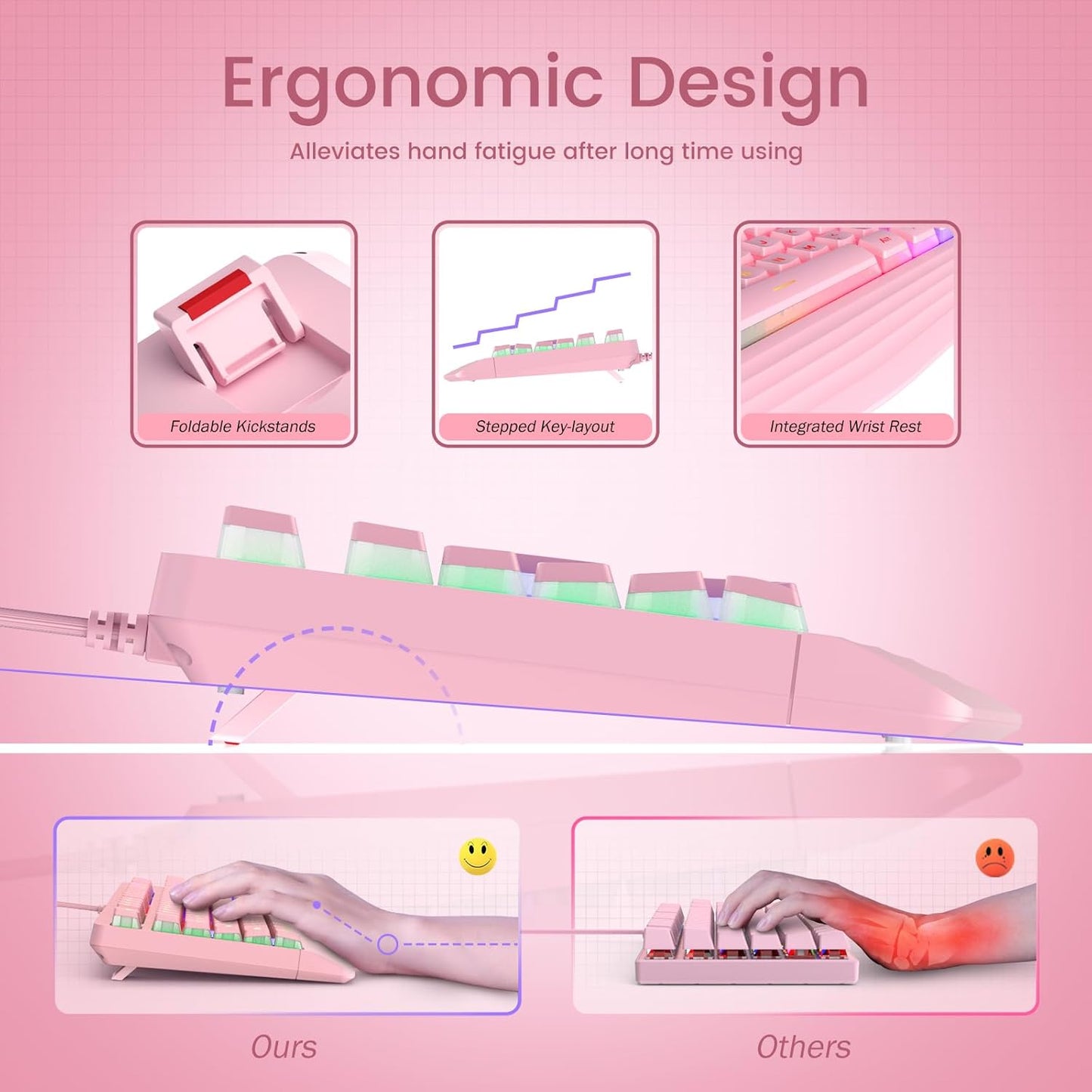 Pink Creamy Keyboard, Rainbow LED Backlit, 104 Keys Silent Light Up Gaming Keyboard with Wrist Rest, PBT Keycap, Anti-ghosting, Waterproof USB Wired Computer Keyboard for PC Mac Xbox