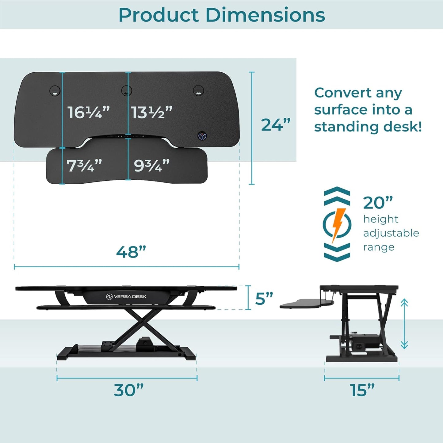 VERSADESK® PowerPro™ 48” x 24” Extra Wide Electric Sit-to-Stand Desk Converter w/ Keyboard Tray for Home or Office | USB Charging Port | Supports Multiple Monitors | Lifts 80 lbs. - Black