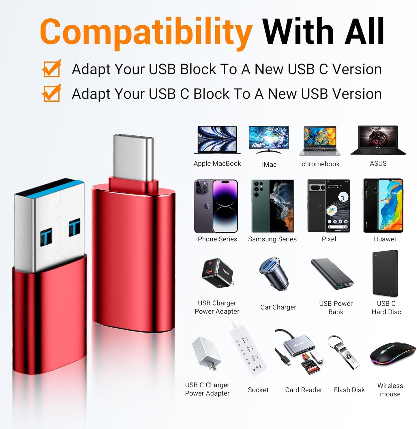 𝟒𝐏𝐚𝐜𝐤 𝐔𝐩𝐠𝐫𝐚𝐝𝐞𝐝 USB to USB C Adapter,USB C Male to USB 3.0 Female OTG Converter for iPhone 16 15 14 13 Plus Pro Max,Apple Watch,Airpods,S24 Ultra, Gender Changers OTG Adapters - Red