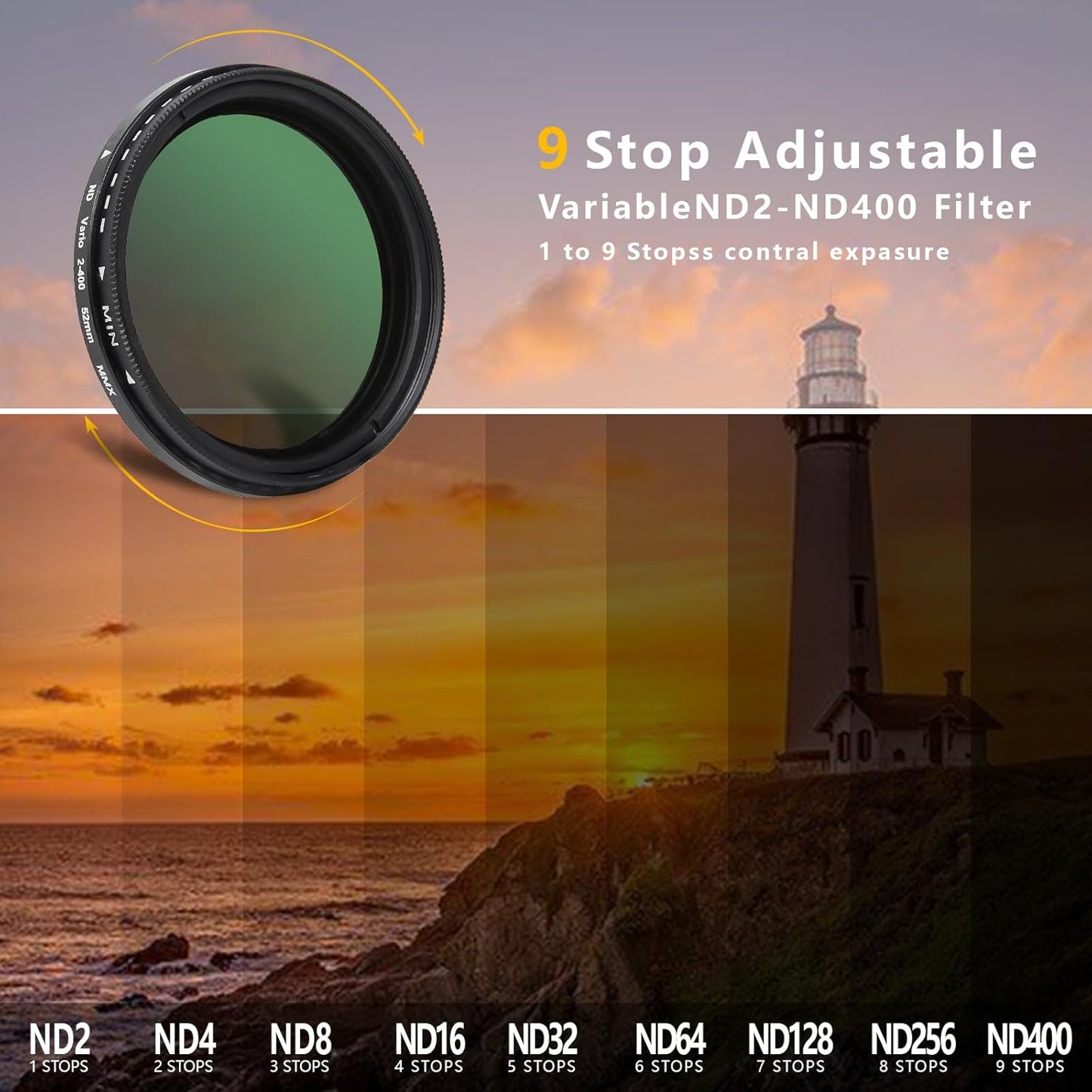 52MM Variable ND2-ND400 Filter, Ultra Slim Multi-Coated Adjustable Neutral Density Filter, Clip-on Phone Lens ND Filter Kit, Compatible for iPhone 15 14 13 12 11, Google Pixel and Other Smart Phones