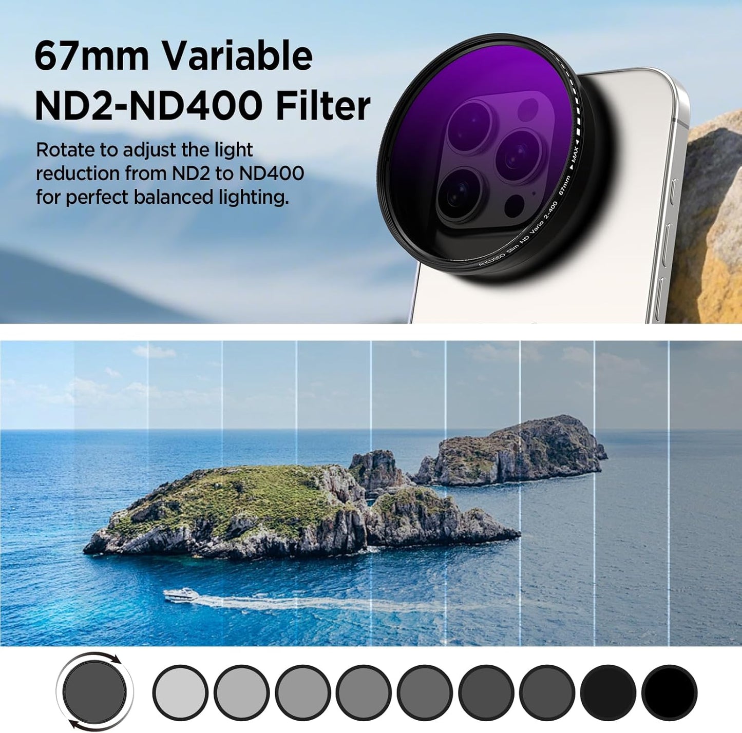 67mm Variable ND2-ND400 Filter for Phone, VND Lens with Phone Clip, Adjustable Neutral Density Filter Compatible with iPhone 16 15 14 13 Pro Max Plus Samsung Galaxy Moto Google TCL DSLR Cameras