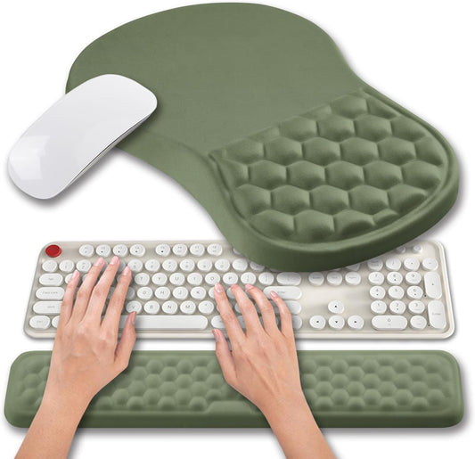 Hokafenle 2 in 1 Ergonomic Mouse Pad Wrist Support & Wrist Rest for Computer Keyboard Set, with Relieve Carpal Tunnel Pain Massage Bulge and Full Memory Gel Design (2In1 Set, Dark Green)