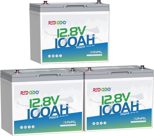 Redodo 12V 100Ah LiFePO4 Battery Group24, 25% Smaller Size, 1280Wh Energy with 100A BMS, 15000+ Cycles, Lightweight Lithium Deep Cycle Battery for RV, Camping, Trolling Motor, Home Storage 3 Pack