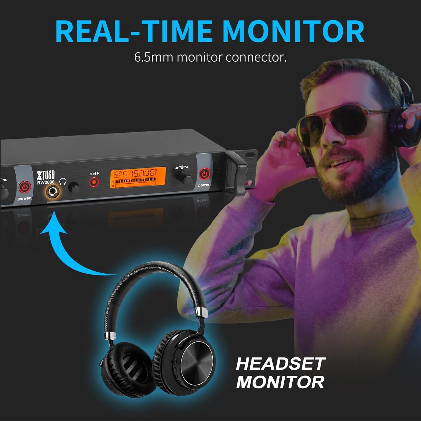 XTUGA RW2080 Wireless in Ear Monitor System 4 Bodypacks UHF IEM System, Dual Channel Mono Design Stage Monitors Earphone with 40 Frequencies, 300Ft for Band, Studio or Musicians, 902-928mhz