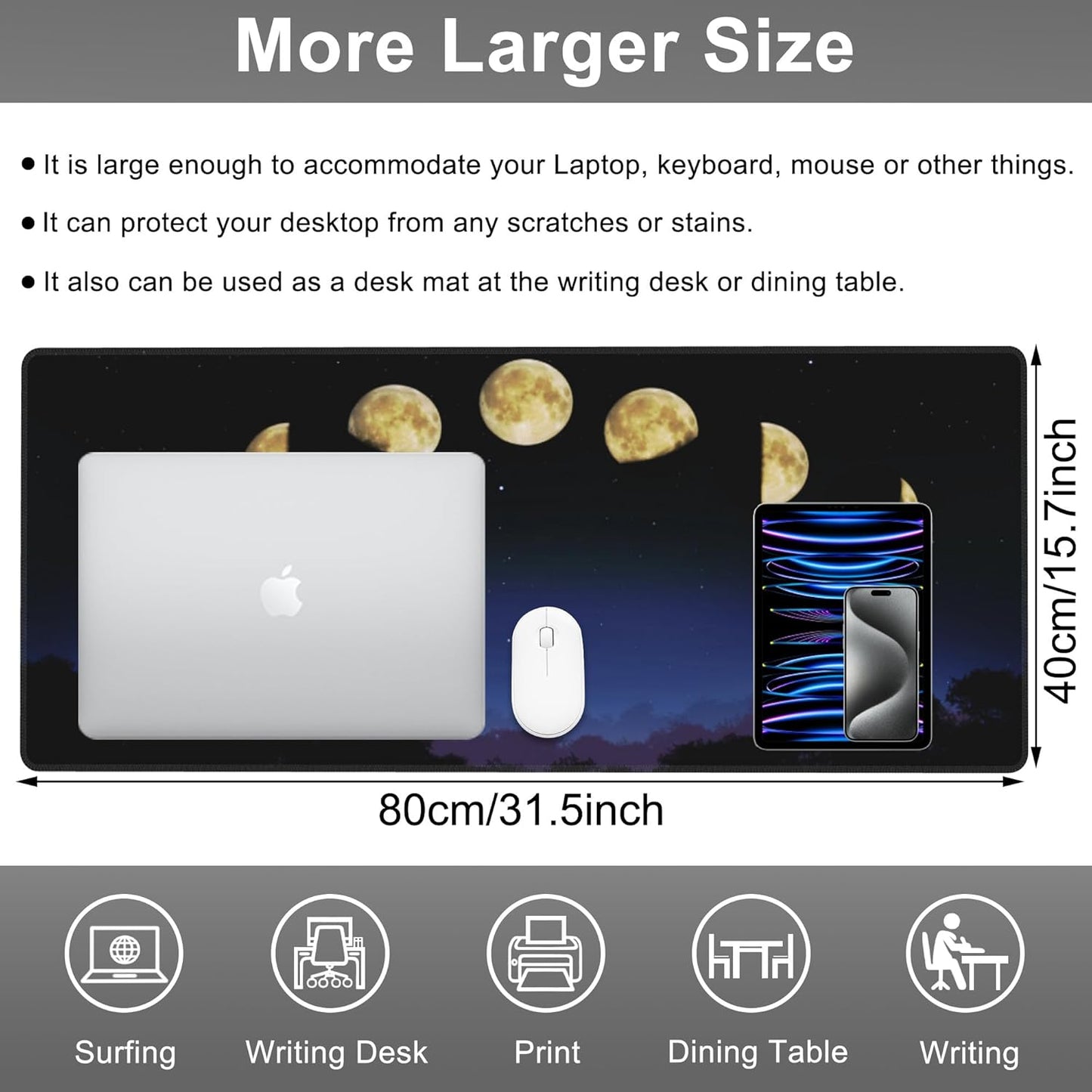 Mouse Pad, Large Moon Phase and Forest Desk Mat, Extended Non-Slip Gaming Keyboard Mousepad Desk Pad, Thick Stitched Edges Waterproof Mouse Mat 31.5"x15.7" (Moon Phase Changes)