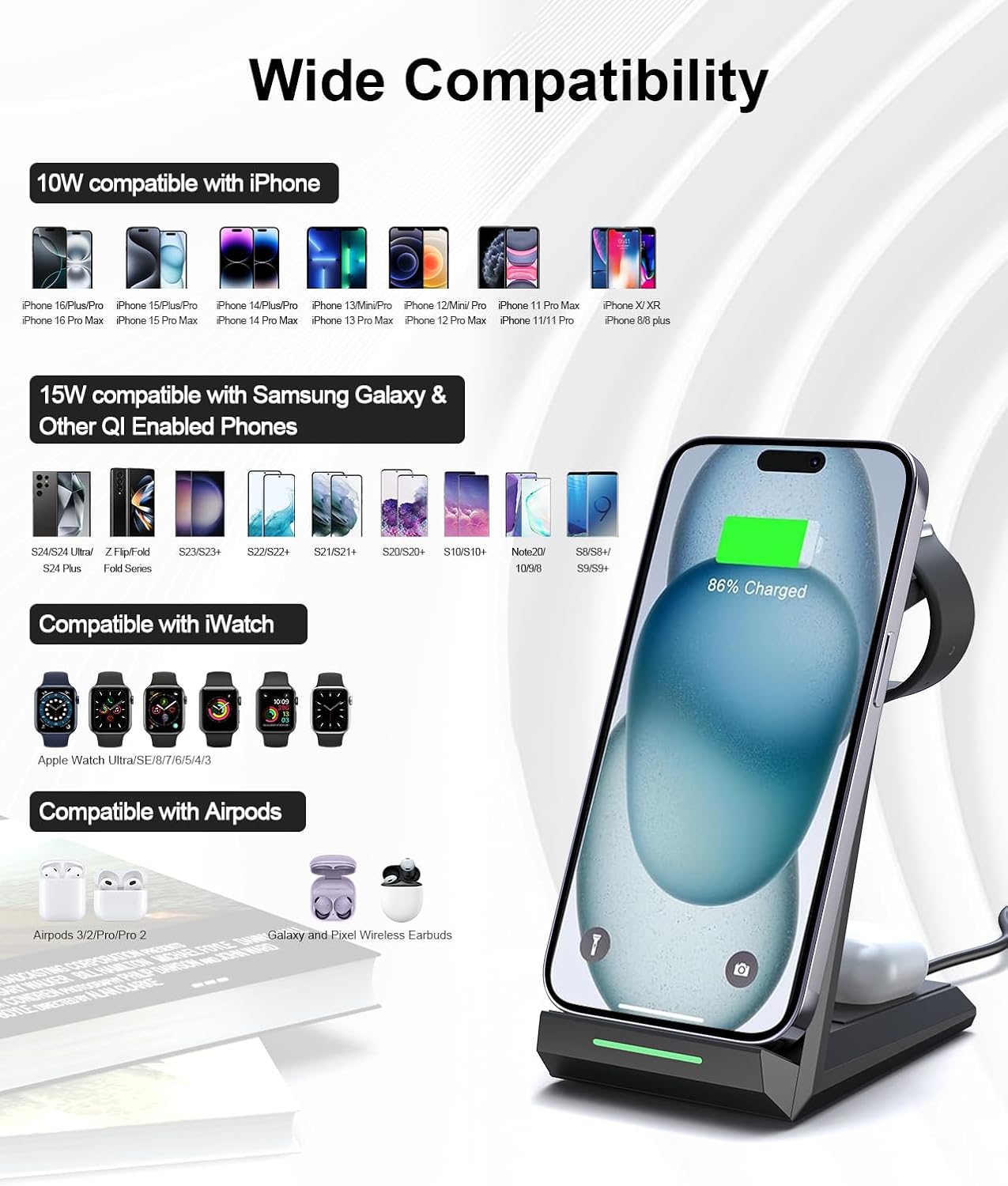 Wireless Charging Station for iPhone - ADADPU 3 in 1 Charger Stand for iPhone 16 Pro Max 15 14 13 12 11 Pro Max XR 8 Plus, for Apple Watch 8/7/SE/6/5/4/3/2,AirPods Pro/3/2(with 5ft Cable and Adapter)