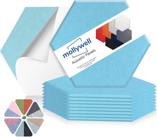 Mollywell Hexagon Acoustic Panels, High Density, Soundproofing, Decorative Noise Reduction Felt Wall Tiles for Ceilings, Home Office & Gaming Room (Hatsune Green), 14x12x0.4 Inch