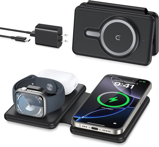 Wireless Charger iPhone - 3 in 1 Charging Station for Apple Devices for iPhone 16 15 14 13 12 Pro Max Plus - Foldable Magnetic Charging Pad for Apple Watch Series & Airpods Series