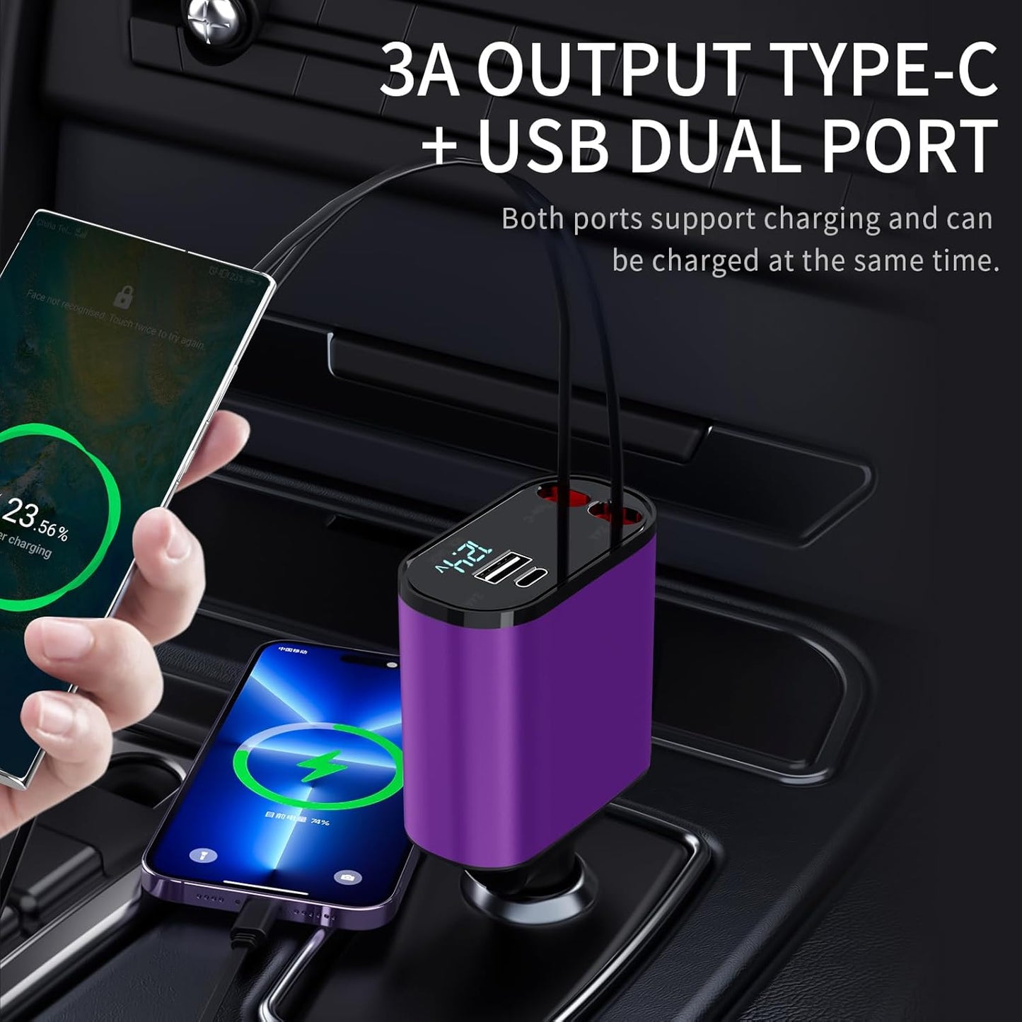 Retractable Car Charger Compatible with Galaxy Pixel, 4 in 1 Fast Charging 60W, Retractable Phone Charger for Car Retractable Cable and 2 USB Ports
