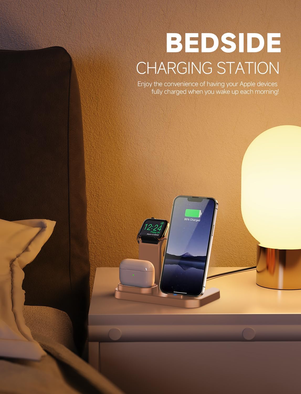 Wireless Charging Station 3 in 1 RJR Compatible with Apple Devices, Charging Dock for iWatch, Built-in Wireless Charger Stand for iPhone Series AirPods Gifts (with 18W Adapter) Rose Gold