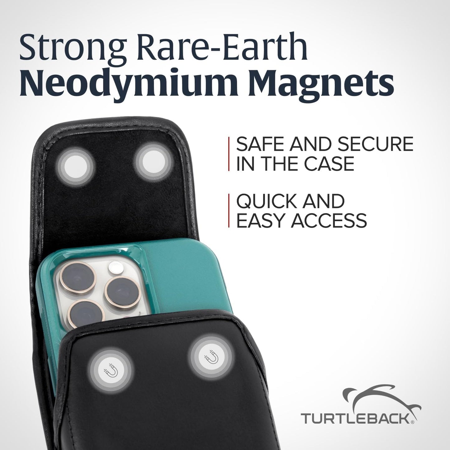 Turtleback Belt Holder for iPhone 16 Pro, 16e, 15 pro 14 Pro 13 Pro -Medium- Fits w/Shockproof Commuter Style Cases, Premium Black Leather Vertical Holster, Magnetic Closure Leather Wrapped Clip