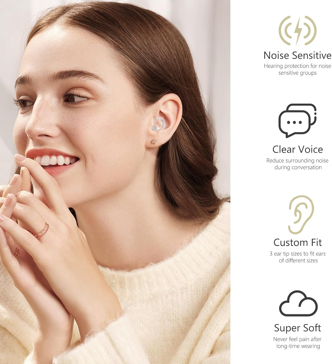 Reusable Ear Plugs, Low-/Mid-Level Noise Reduction Earplugs with Clear Speech for Conversation, Work, Social Gatherings & Noise Sensitivity, 15-18 dB (SNR), 6 Pair Ear Tips in S/M/L, Clear