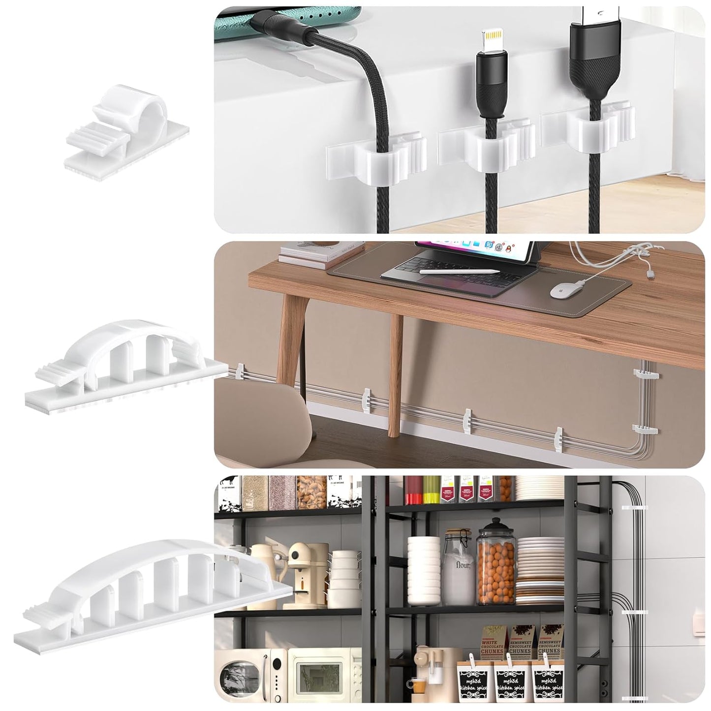 XHF 30pcs Adhesive Cable Wire Clips Kit White, Outdoor Cable Management Wire Organizer Cord Holder for Under Desk, Car, Wall, TV PC Ethernet Cable