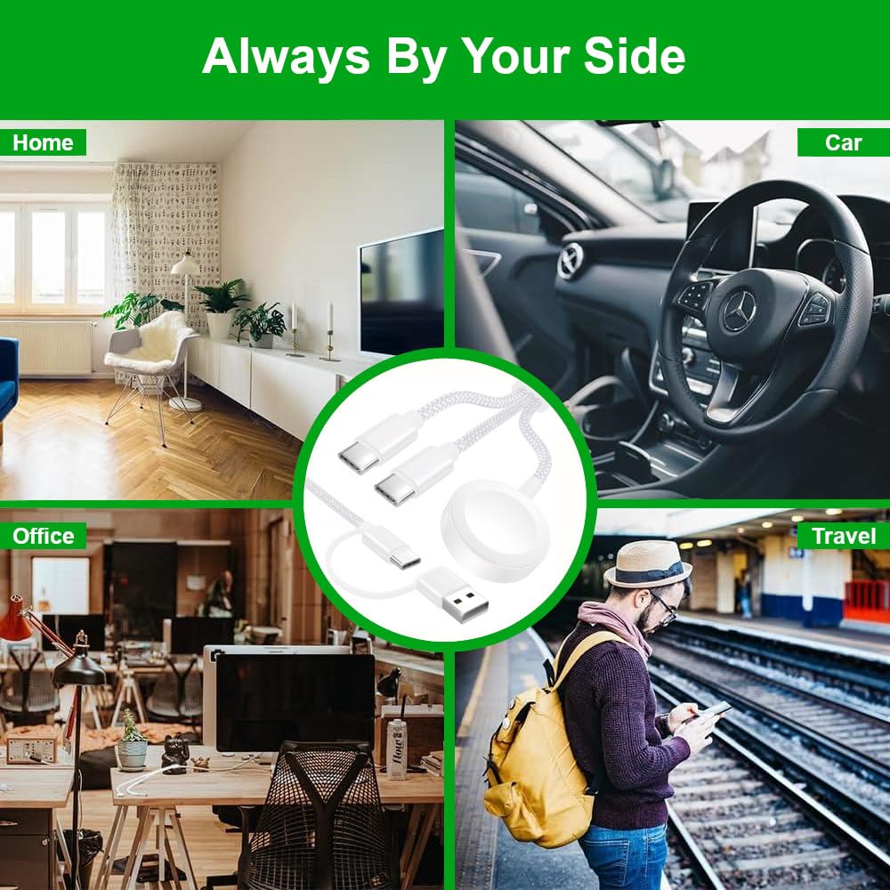 Upgraded 3 in 2 USB C Cable for Apple Watch Charger (4FT/1.2M) Travel USBC Multi Fast Charging Cord Compatible with iWatch Ultra 2/SE 2/10/9/8/7/6/5/4/3/2/1, iPhone 16/15 Pro Max Plus, iPad, AirPods