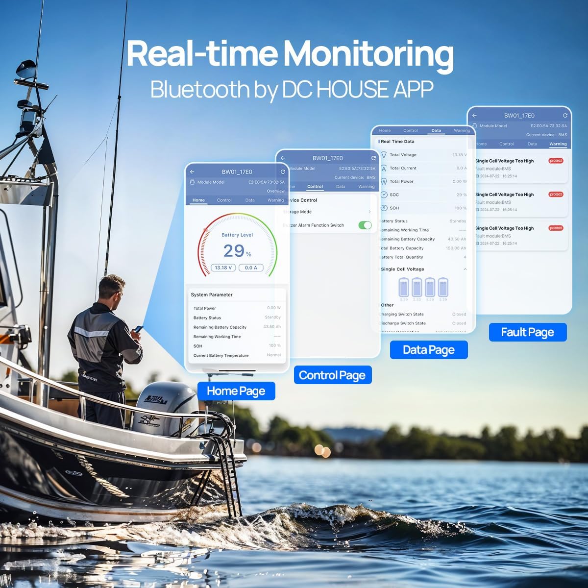 DC HOUSE 12V 100Ah LiFePO4 Trolling Motors Battery with SOC Status Indicators, Bluetooth & Low Temp Cut-Off, 100A Smart BMS, Up to 15000 Cycles for RV, Marine, Boat, Solar Off-Grid