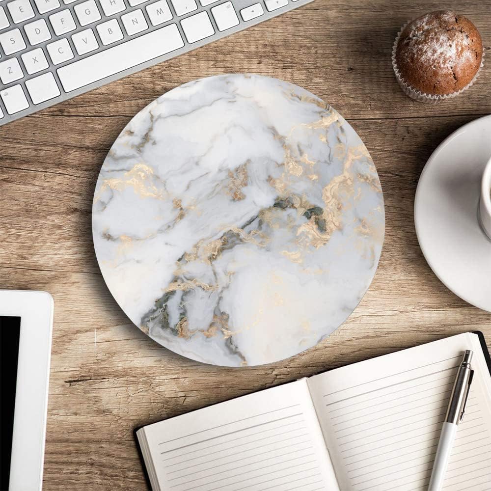 Mouse Pad, White Gold Marble Customized Premium-Textured Round Mouse Pad, Washable Mousepads with Lycra Cloth, Non-Slip Rubber Base Computer Mouse Pads for Wireless Mouse