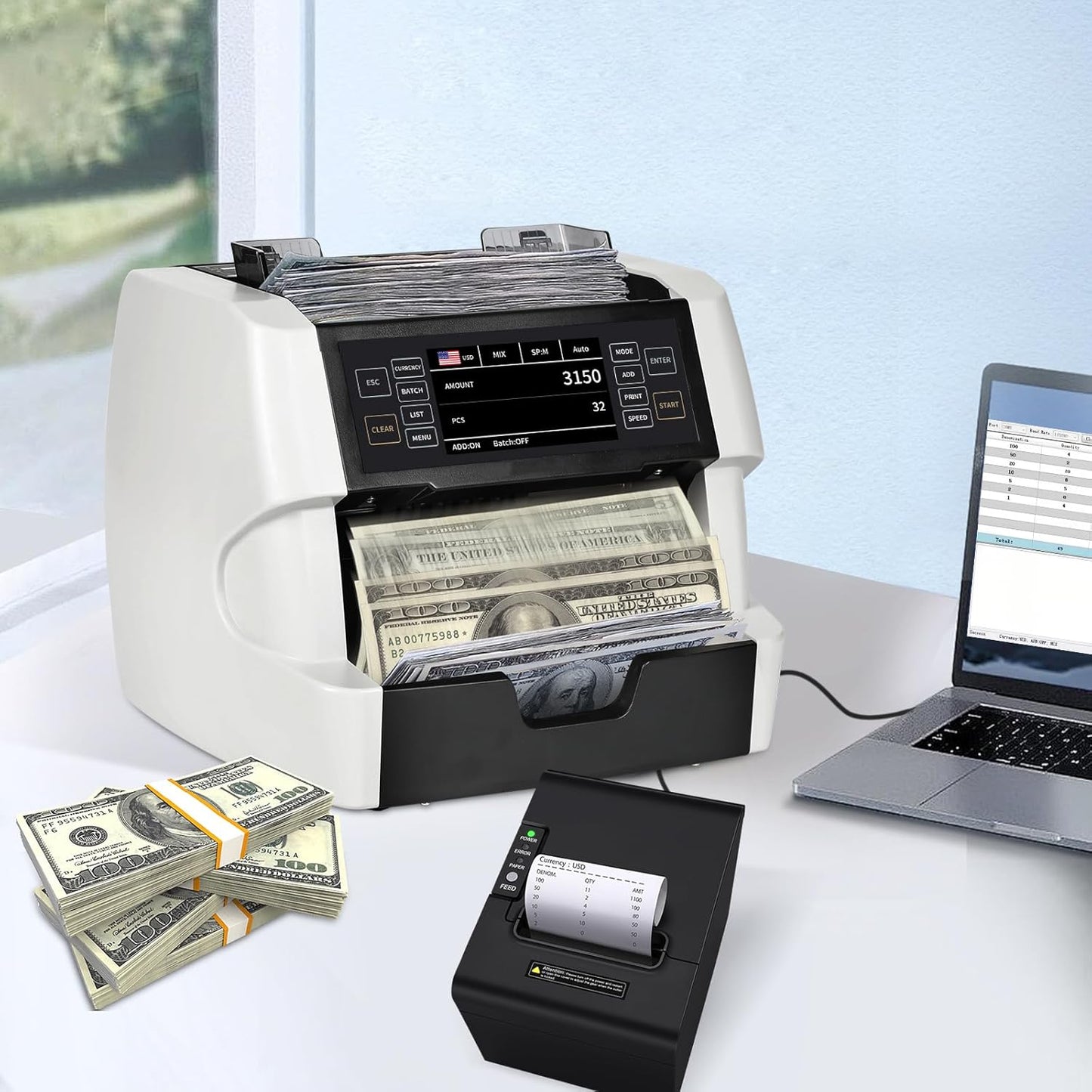 NUCOUN VC-3 Mixed Denomination Money Counter Machine, Value Counting, CIS/UV/IR/MG/MT Counterfeit Detection, USD/Euro/CAD/MXN, Printer Enable, White Cash Note Counter, Bill Counter for Business