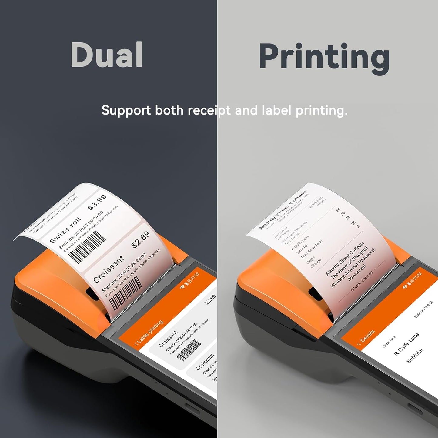 Alacrity Mobile POS PDA Terminal, Android 13 SoftPay,1D 2D Scan Module, 58mm Thermal Printer, 5.5" Touch Screen, 4G WiFi Bluetooth, Ideal for Retail, Hospitality, Logistics, Field services, Healthcare