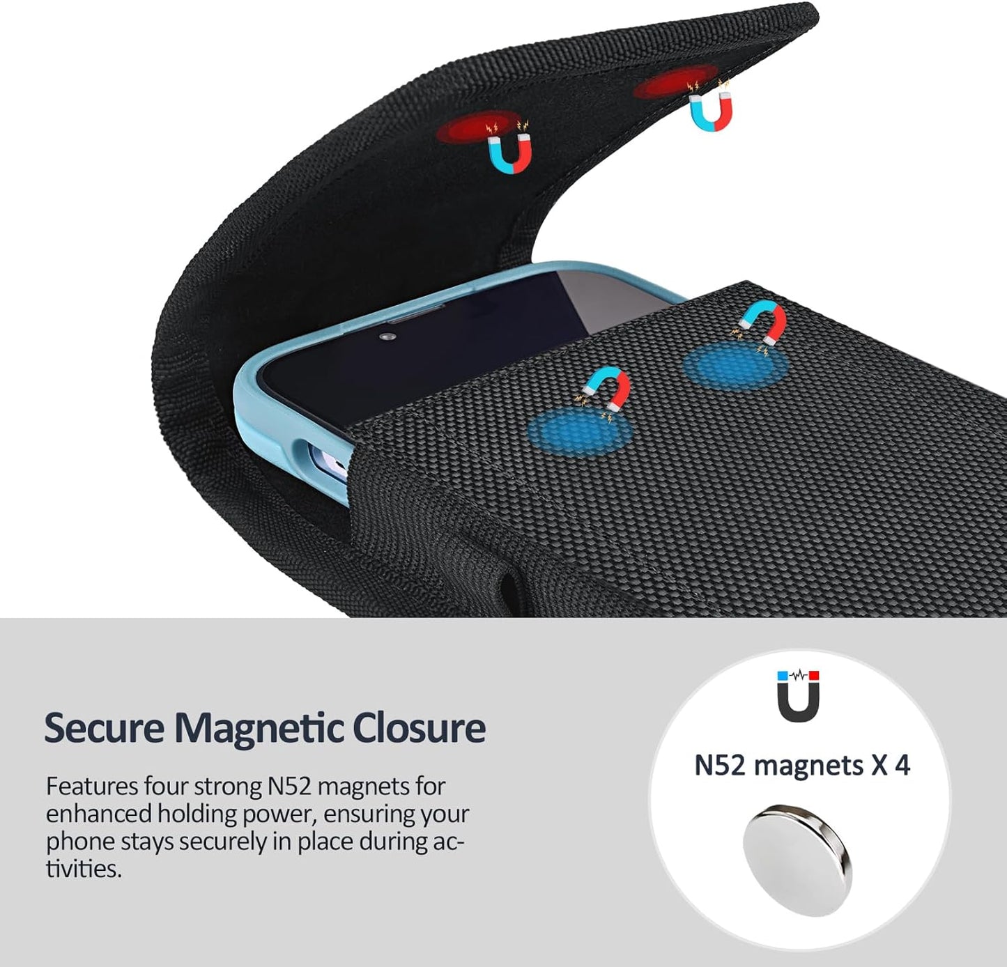 Phone Holster for Belt with Metal Clip and Magnetic Closure Compatible with iPhone 16/15/14/13/12 Pro Max, Galaxy S25/S24/S23/S22 Plus & FE for Everyday Protection, L-Black