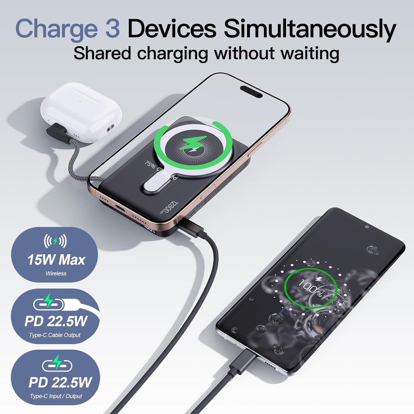 2025 Latest Magnetic Wireless Power Bank, 12800mAh Portable Charger with Built in Cable and Strap, LED Display Magnetic Battery Pack Travel Essential for iPhone 16/15/14/13/12/Pro/Mini/Pro Max Andriod