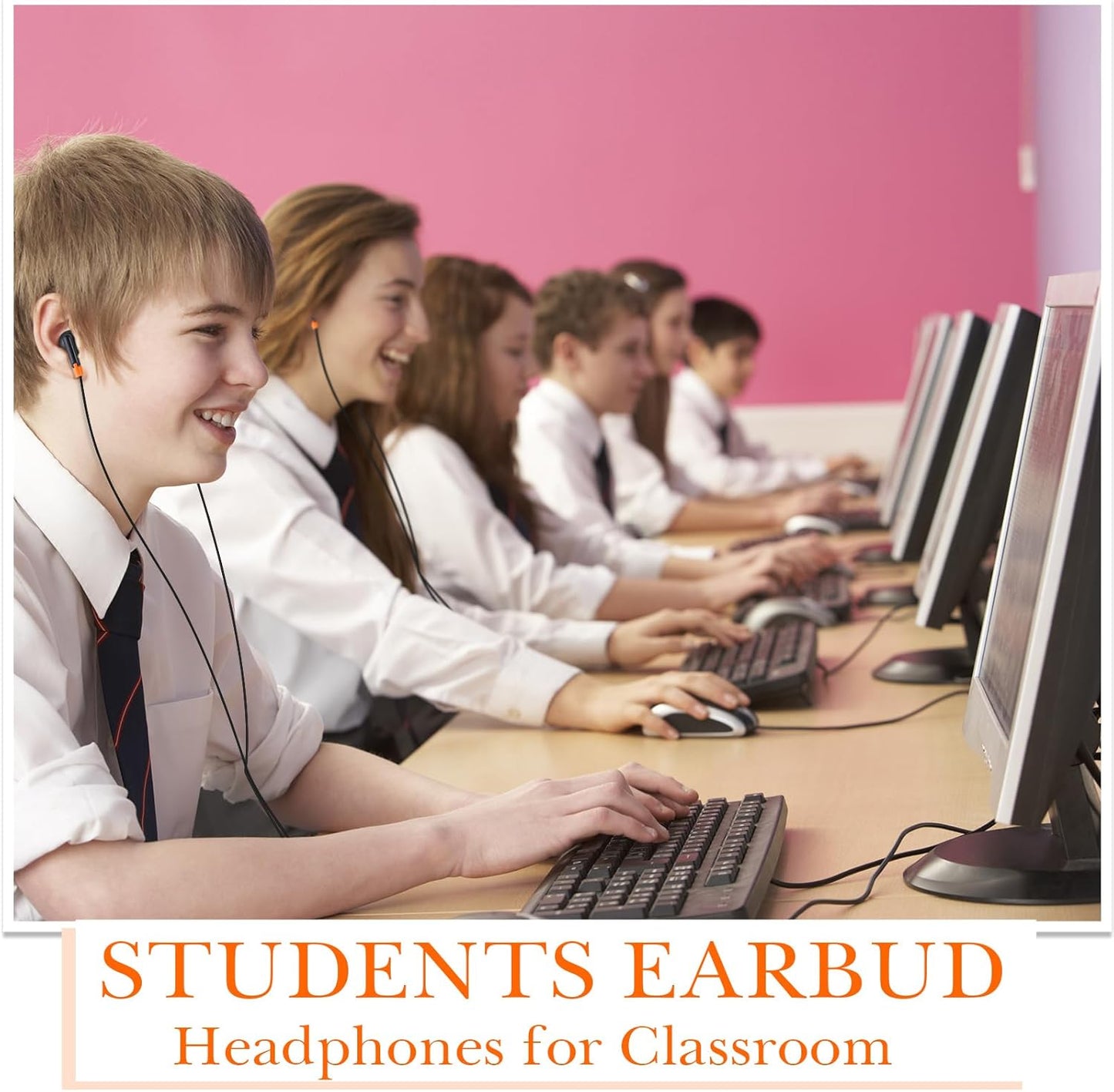 Kanayu 100 Pack Wired Earbuds Bulk for Classroom Ear Headphones Wired Basic Student Earbuds No Microphone with 3.5mm Jack for Kids Class Laptop School Library, Individually Bagged(Orange)