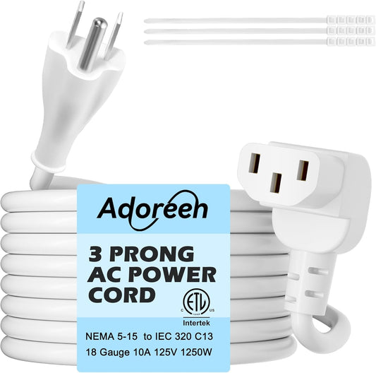 Adoreen 4 Ft Computer TV Replacement Power Cord White, 90 Degree Angled L-Shaped 18AWG 3-Prong AC Universal Power Supply Cable NEMA 5-15P to IEC 320 C13 for Printer, PC, Monitor TV LCD, ETL+Ties