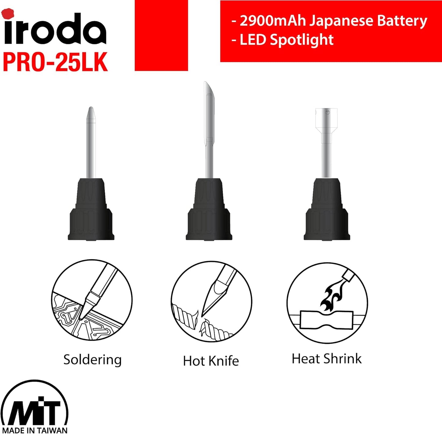Iroda SolderPro 25LK Battery Soldering Iron Kit, Pro Grade 30W Type C USB Rechargeable Soldering Iron | 3200mAh Japanese Battery | LED Spotlight, With 3 Tips & Case