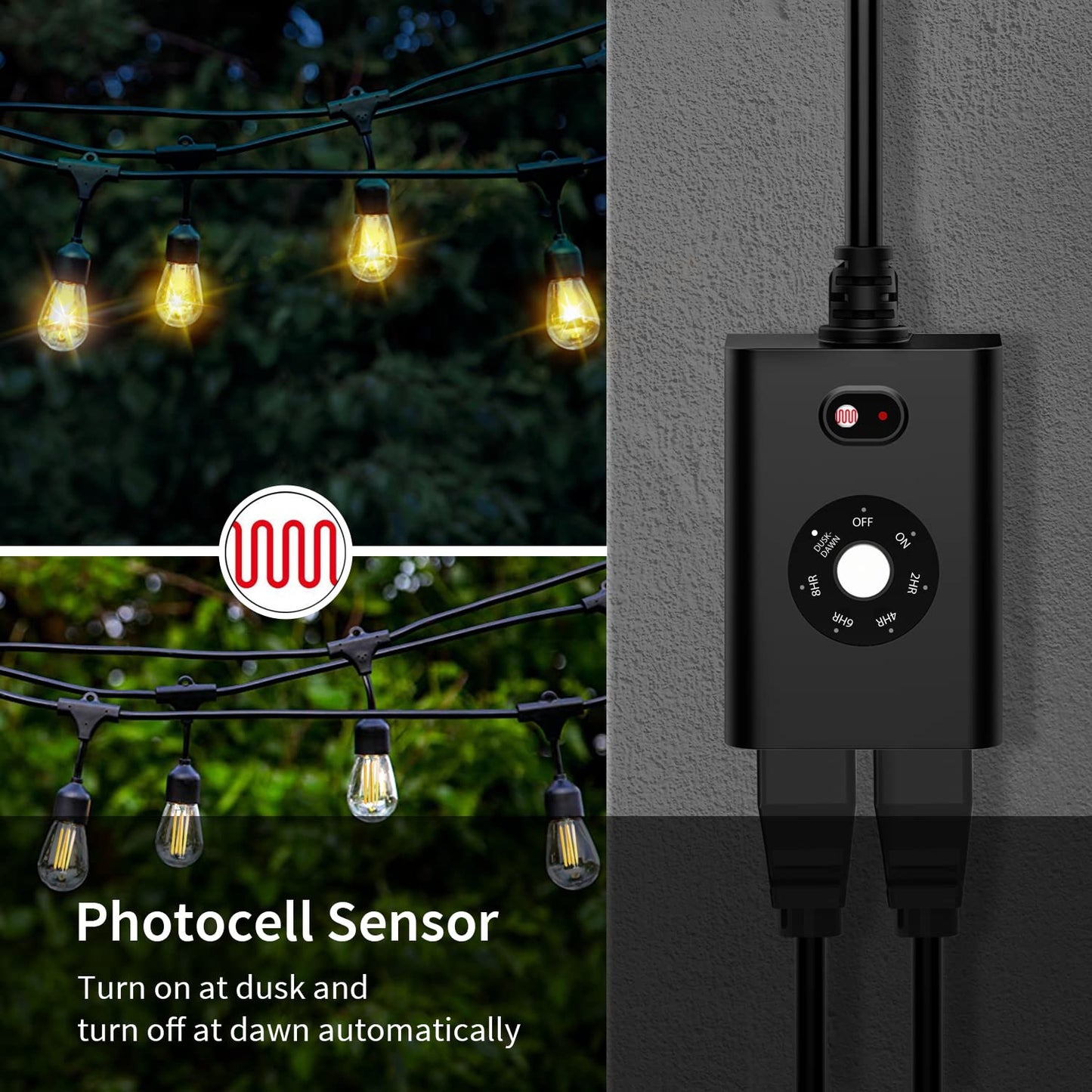 Minoston Outdoor Timer Outlet Waterproof 2 Pack, Dusk to Dawn Photocell Light Sensor Socket, 2/4/6/8 Hours Cutdown Timer, 2 Grounded Outlets for Christmas and Hallowen Deceration, Black(MP40T)