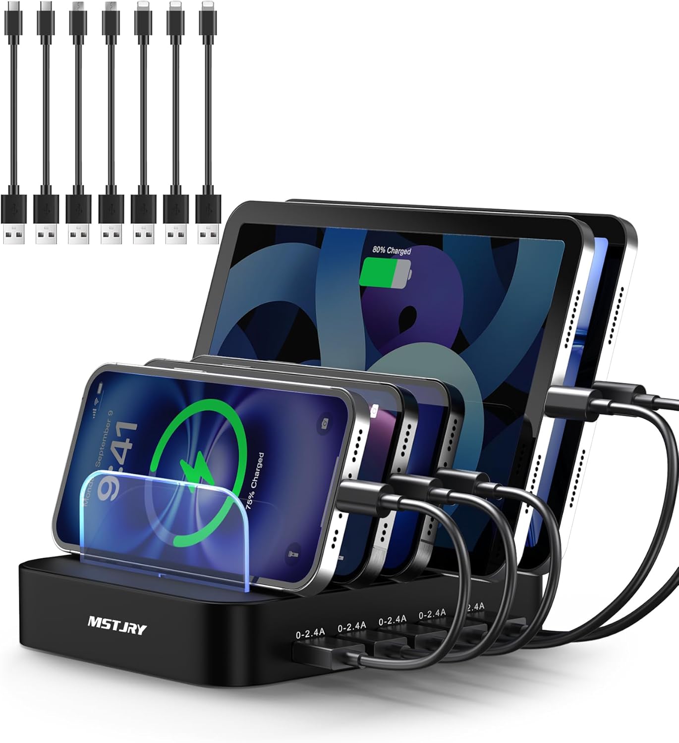 MSTJRY Charging Station for Multiple Devices : 5 Port Multi USB-A Charger Stations Multi-Device Organizer Charging Dock Designed for iPhone iPad Cell Phone Tablets (7 Short Cables Included), Black