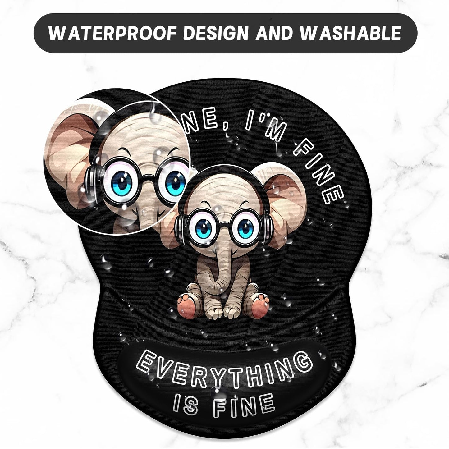 ITNRSIIET Ergonomic Mouse Pad with Gel Wrist Support Small Wrist Rest Smooth Surface Non-Slip PU Base Comfortable Office Supplies Pain Relief, 8.7 x 7.2 inches, Pretty Fine Elephant