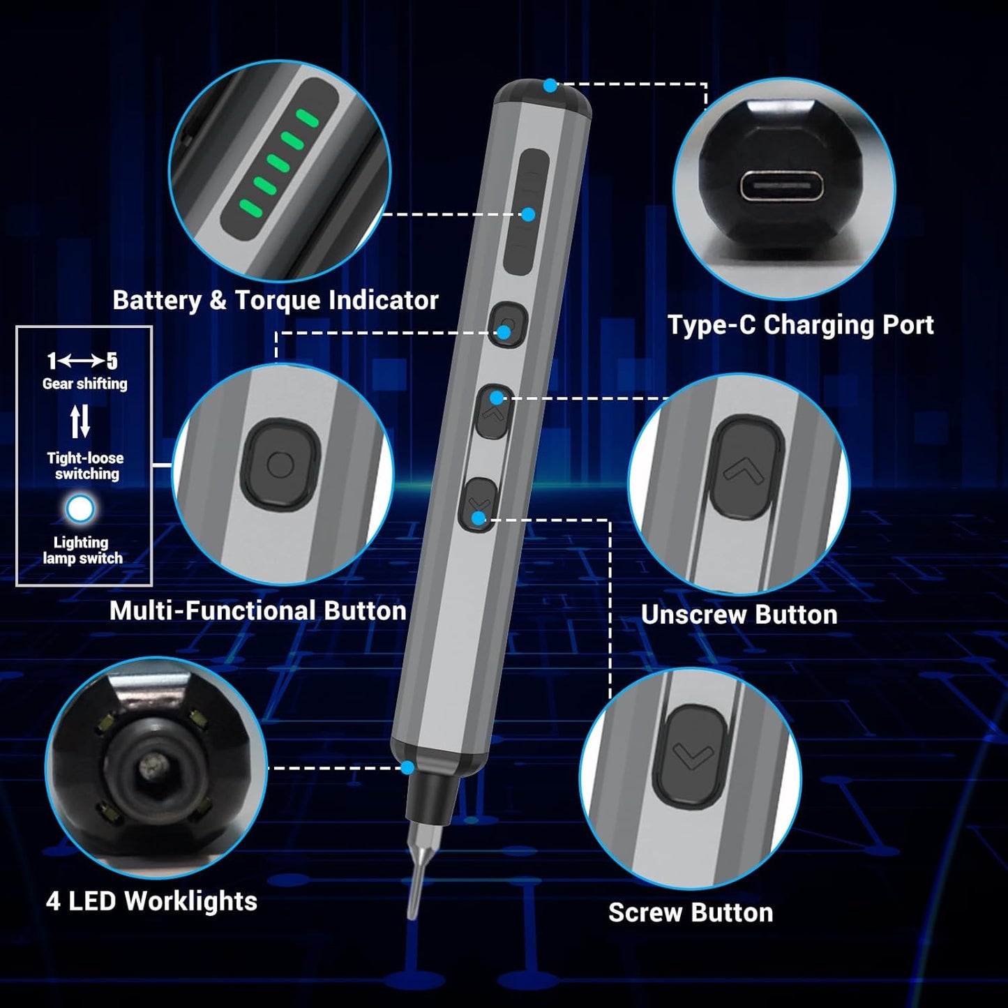 Mini Electric Screwdriver Set for Phone Watch Electronics PC Glasses with 68-in-1 Magnetic precision S2 bits, Adjustable Torque LED lights, Cordless Portable long runtime Rechargeable Type-C port