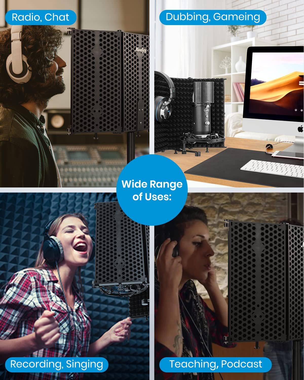 Moukey Microphone Isolation Shield, Foldable Mic Shield with Triple Sound Insulation, Reflection Filter with 3/8" and 5/8" Mic Threaded Mount for Recording Studio, Podcasts, Singing, and Broadcasting