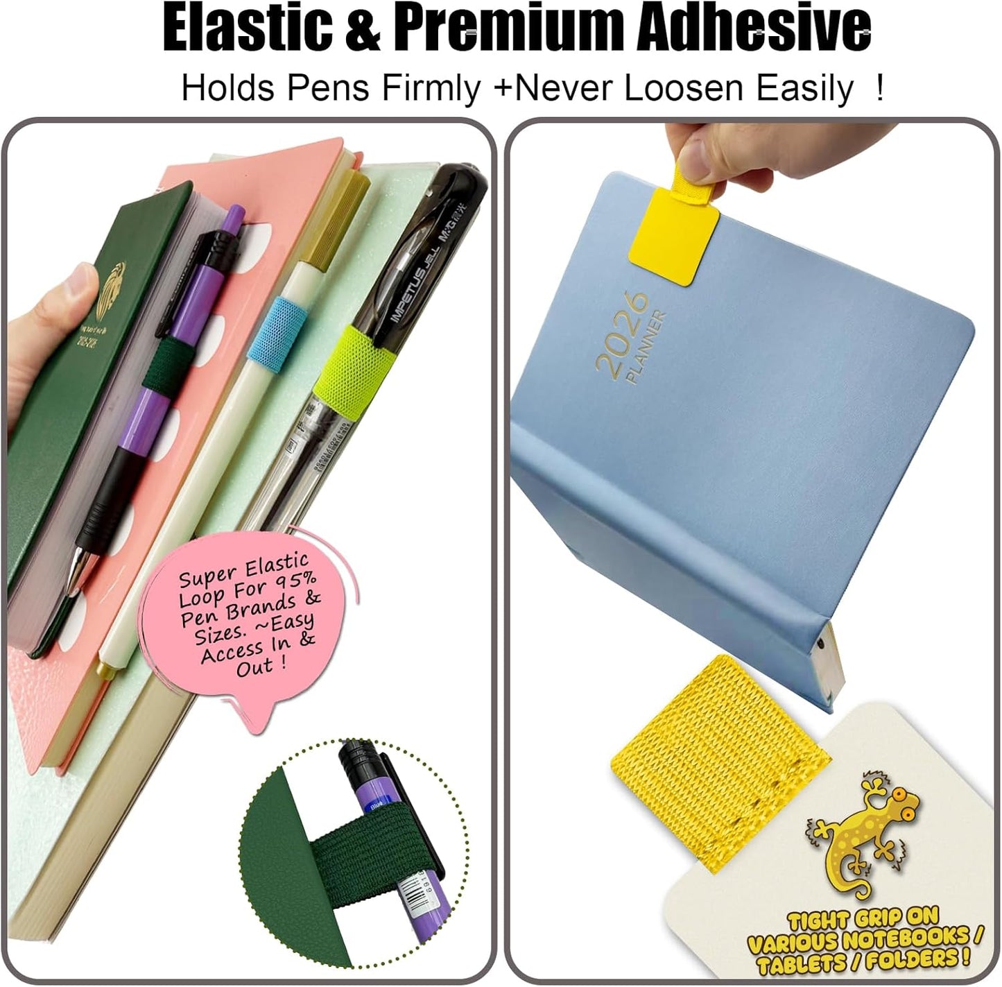 Pen Loop Holder for Notebook 16 Colors Self-Adhesive Stick On Pen Holder with Extra 2 Pens Clips 2 Leather Bookmarks As COMBO for Planner Journal Tablet Clipboards Calendars Bible Campus School Office