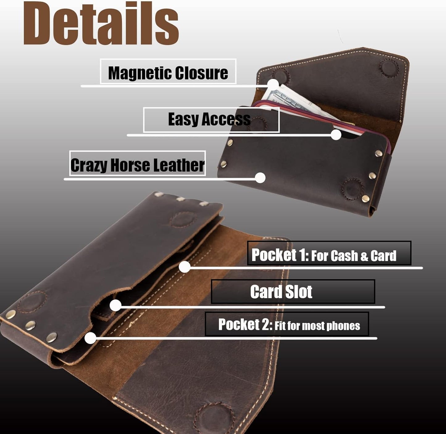 Topstache Leather Phone Holster with Belt Clip for Galaxy S23,iPhone 14,14 Pro,Leather Belt Pouch for Universal Smartphone with Otterbox Case,Flip Cellphone Pouch,L,Darkbrown