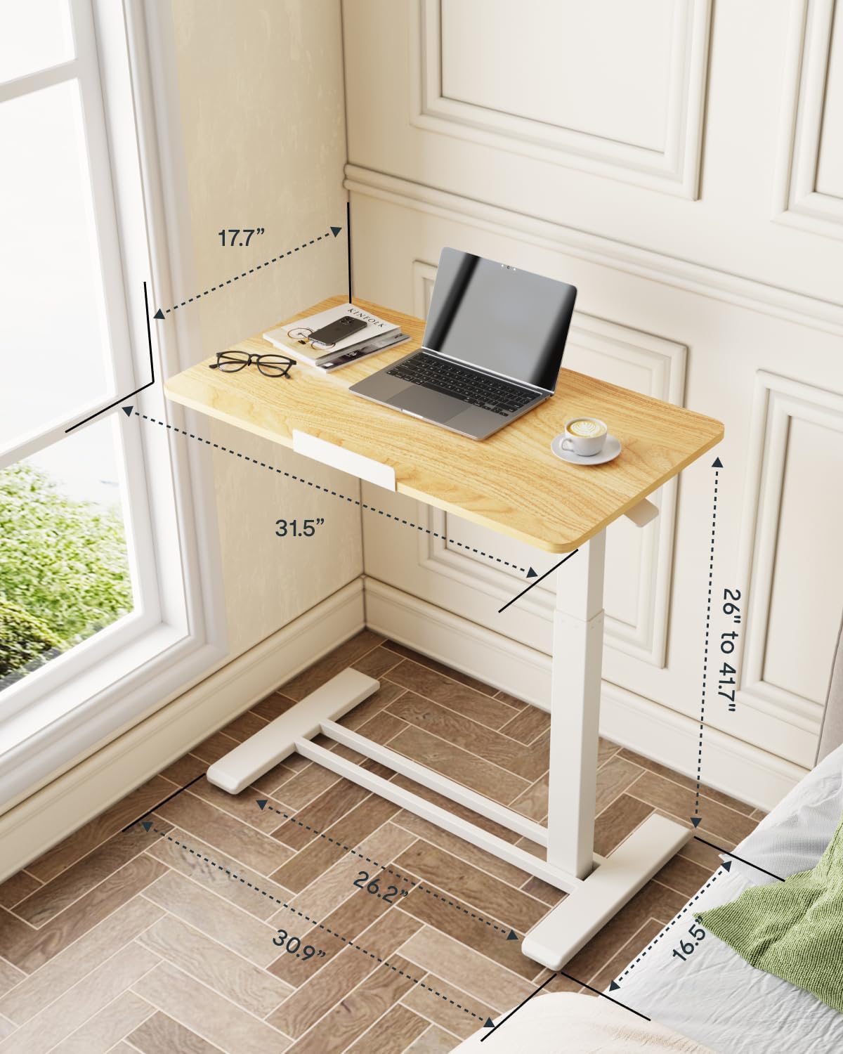 FLEXISPOT H7 PRO Mobile Standing Desk Adjustable Overbed Table Pneumatic with Wheels 90°Tiltable Portable Laptop Desk Rolling Computer Cart Foldable Bedside Table(31.5" W x 17.7" D D, Maple)